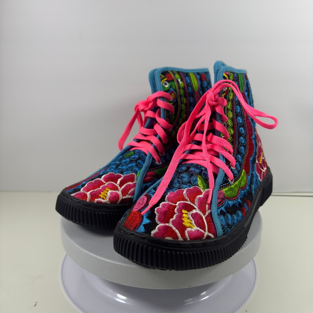 Women's Floral Embroidered High Top Boots Multicolor Lace Up Size 9.5 - Picture 4 of 13